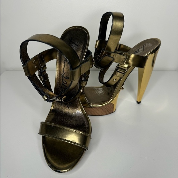 Lanvin Gold Metallic Leather Ankle Heels Sz 39.5 - Picture 1 of 6